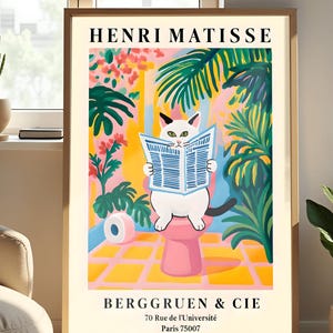 Matisse Poster Weiße Katze auf Toilette, Lustiges Badezimmer Wandbild, Pinkes schrulliges Dekor, Humorvolles Katzen Geschenk