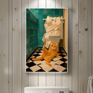 Bathroom Cat Print Funny Poster Wall Decor Pooping Print Toilet Wall Art , Poster Art