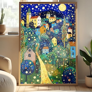Gustav Klimt Print: Village Blue Moon Night, Stars & Trees
