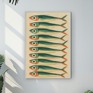 Sardine Art Print: Vintage Fish Painting, Coastal Nautical Decor