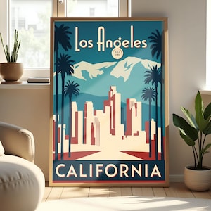 Vintage Los Angeles Travel Poster, Art Deco LA Skyline Print, Retro California Wall Decor, Palm Tree Wall Art, LA Souvenir Gift