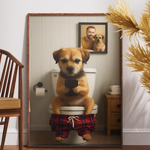 Funny Border Terrier Bathroom Print: Dog on Toilet Reading Newspaper