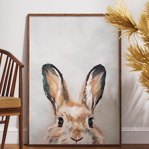 Bunny Painting Vintage Easter Rabbit Print, Cottagecore Nursery Art, Rustic Woodland Animal Digital Download Decor