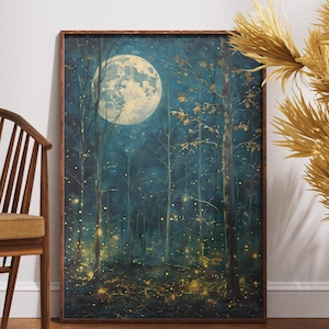 Mond & Sterne Wandkunst, Vintage Wald Landschaft Natur Dekor, Nachthimmel Ansicht Poster Art, Mystisches Mitternachtsschild, Bauernhaus Poster