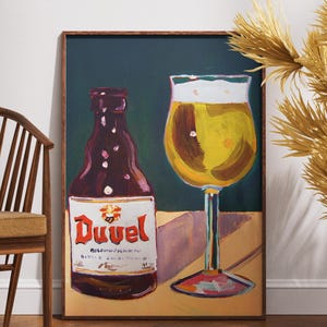 Duvel Art Print - Modern Belgian Beer Poster & Craft Beer Wall Art, Pop Art Duvel Bottle and Glass, Unique Bar Cart Decor Gift