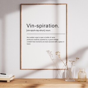 Vin-spiration Definition Print | Funny Wine Lover Gift | Minimalist Wine Wall Art | Kitchen Decor | Bar Cart Poster | Wine Dictionary Print