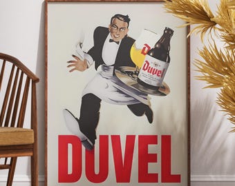 Lámina artística de cerveza Duvel, póster cinematográfico de camarero, decoración retro de pub, regalo de cerveza belga, arte de cocina vintage, ilustración de bebidas para pared