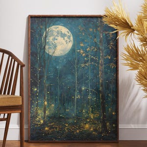 Moon & Stars Wall Art, Vintage Dark Forest Landscape, Night Sky View Decor, Mystical Midnight Sign, Farmhouse Digital Download