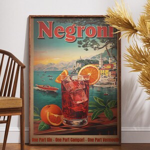 Póster de cóctel retro Negroni clásico / Impresión publicitaria de alcohol de estilo vintage / Arte mural para bar de mixología