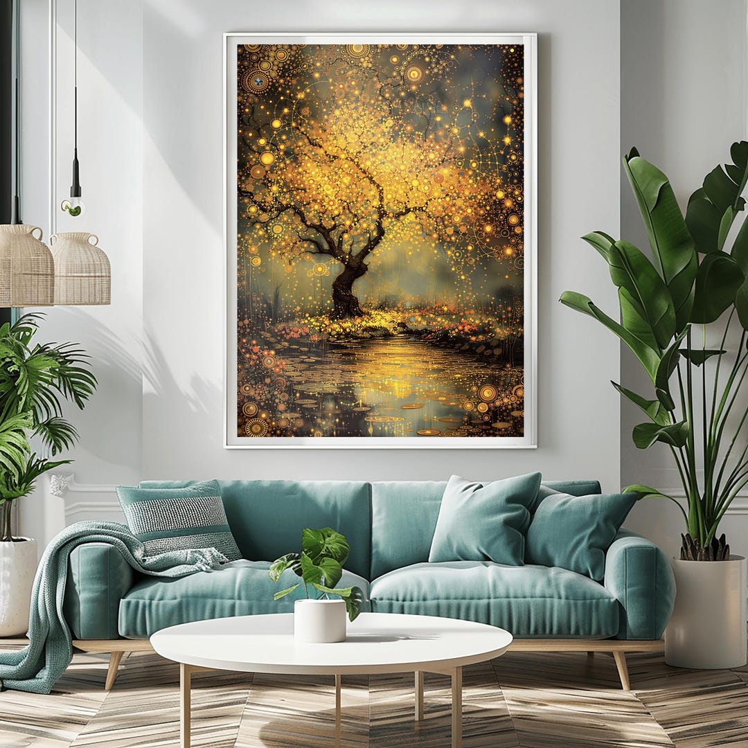 Gustav Klimt Inspired Tree of Life Print, Golden Mystical Landscape ...