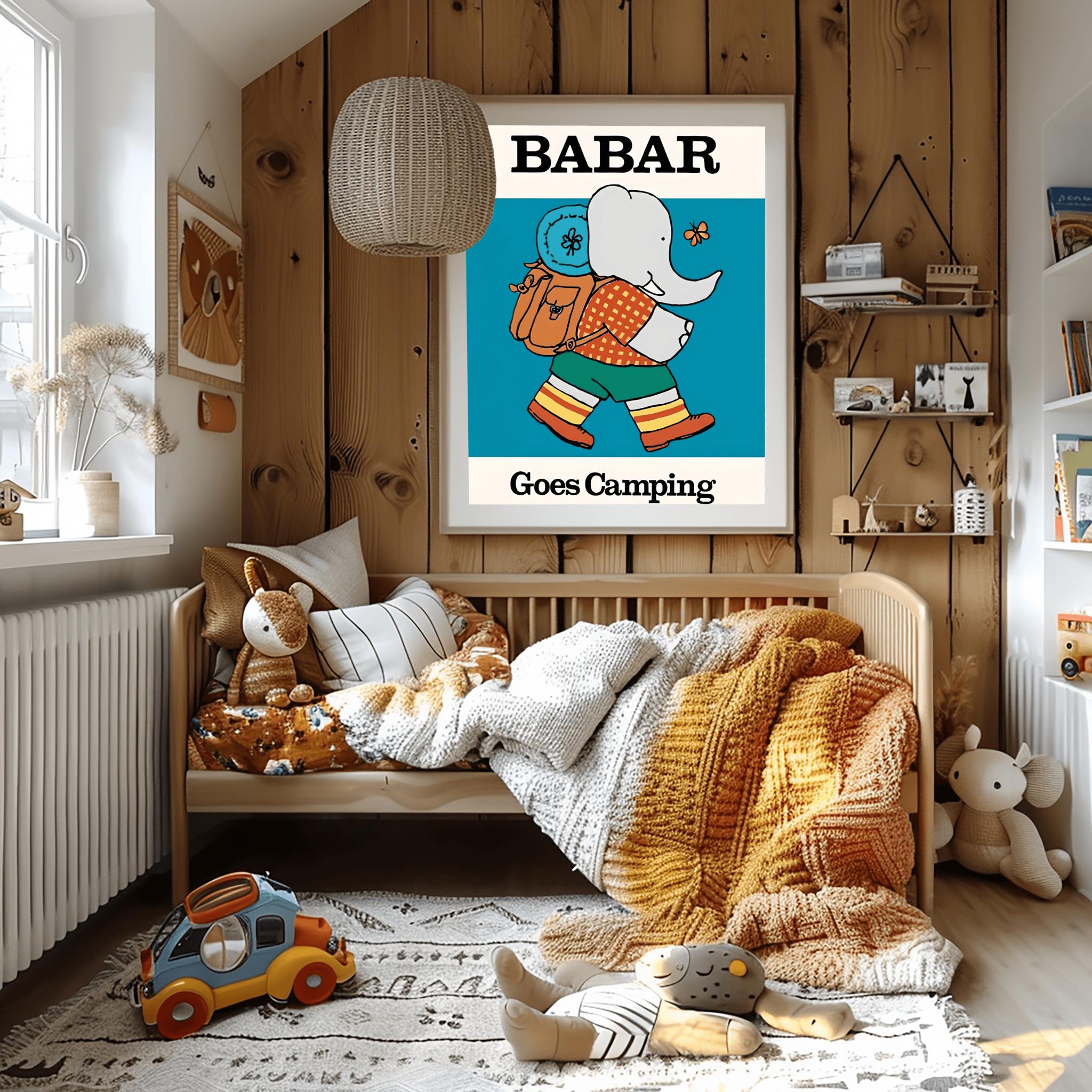 象のババールのプリント：レトロな保育園の装飾、子供部屋の