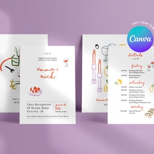 DIY Wedding Invitation + Details Card | Fully Editable Template | Digital Download Wedding | Printable | Hand Illustrated | Canva Template