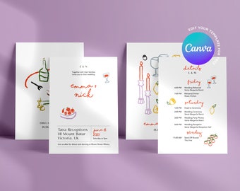 Invitación de boda DIY + Tarjeta de detalles / Plantilla totalmente editable / Descarga digital Boda / Imprimible / Ilustrado a mano / Plantilla Canva