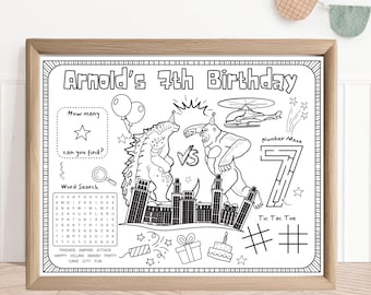 May include: A black and white coloring page in a wooden frame, featuring the text "Arnold's 7th Birthday." The page includes illustrations of a monster battle, a helicopter, a number maze, and a word search puzzle. Additional elements include balloons, stars, and a birthday cake.