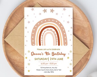 Boho Rainbow Birthday Invitation | Editable Digital Invite (5x7)