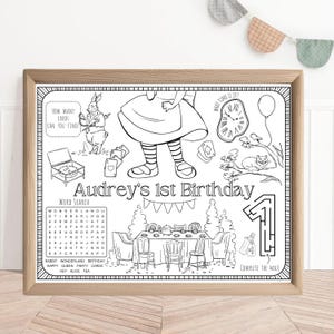 Alice au pays des merveilles en feuille à colorier | Cadeau de fête | Set de table pour jeux de table | Fête d'anniversaire d'Onederland | Activité pour enfants