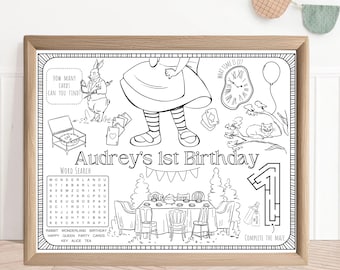 Könnte beinhalten: Schwarzweißes druckbares Aktivitätsblatt mit Alice im Wunderland-Charakteren und einem Wortsuchrätsel. Das Blatt enthält den Text "Audrey's 1st Birthday" und ein Labyrinth zum Ausfüllen.