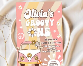 Editable Groovy One Birthday Invitation | Retro Van Party (Digital Download)
