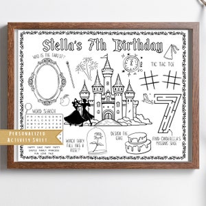 Princess Party Activity Sheet | Fairy Tale Princess Characters Party Placemat | Cinderella Beauty and the Beast Snow White Coloring