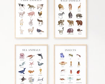 Montessori Animal Watercolor Prints | Set of 4, Nursery Decor (Digital Download)