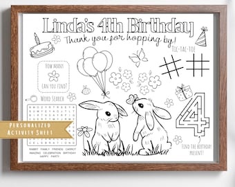Activiteitenblad verjaardag konijn | Gepersonaliseerde kleurplacemat (digitaal)