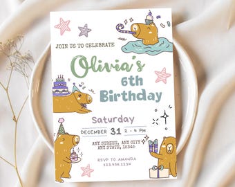 Cute Capybara Birthday Invitation | Editable Kawaii Rodent Party (Digital Download)