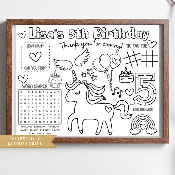 Unicorn Birthday Party Activity Sheet | Unicorn Rainbow Themed Party Favor | Girls Birthday Party | Kids Activity Coloring