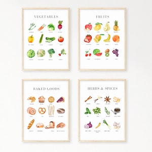 Montessori Educational Food Prints Posters | Set of 4 Food Themed Printable Nursery Room Decor Wall Print | Fruits Vegetables Homeschool