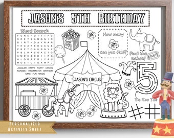 Carnival Circus Birthday Party Favor | Carnival Circus Theme Party Activity Sheet | Carnival Animal Circus Placemat | Circus Coloring