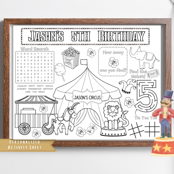 Cadeau d'anniversaire Carnival Circus | Feuille d'activités pour la fête à thème du carnaval du cirque | Set de table de cirque animalier Carnival | Coloriage cirque