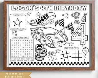 Party Favor | Classic Wheels Activity Sheet | Hot Cars Party Placemat | Hot Race Cars Birthday Party | Kids Activity | Racing Coloring Sheet