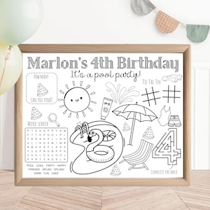 Pool Party Activity Sheet | Summer Birthday Pool Party Favor |  Pool Party Activity Sheet | Pool Party Placemat Kids Activity Coloring Sheet