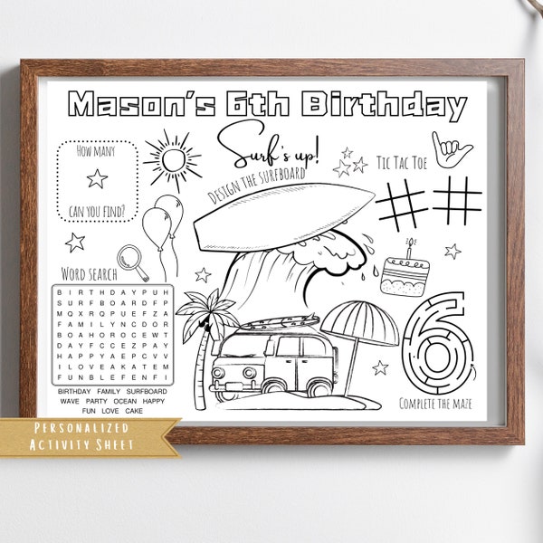 Surf's Up Birthday Party Activity Sheet | Surfing Party Favor | Surf Activity Sheet | Party Placemat | Kids Activity | Coloring Sheet