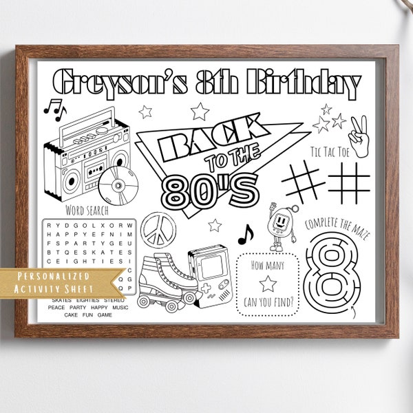 Eighties 80's Birthday Party Favor | Retro Party Activity Sheet | Back to 80s Coloring Placemat