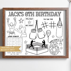 May include: Black and white printable activity sheet for a 6th birthday party with a boxing theme. The sheet includes a word search, tic-tac-toe, a maze, a count-the-stars activity, and a boxing ring.