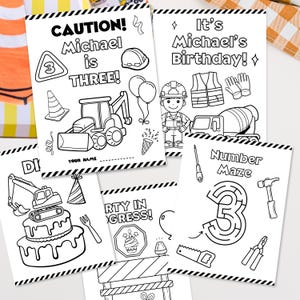 Puede incluir: Páginas para colorear en blanco y negro con temática de construcción. Una página dice "CAUTION! Michael is THREE!" con un vehículo de construcción y un casco. Otra dice "It's Michael's Birthday!" con un trabajador de la construcción.