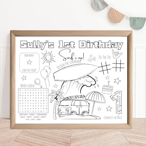 May include: Black and white printable birthday party activity sheet for a 1 year old child. The sheet features a surfboard, a van, a palm tree, a cake, and a maze. The text "Sully's 1st Birthday" is at the top of the sheet. The text "Surf's up!" is below the surfboard. The text "Design the surfboard" is below "Surf's up!"