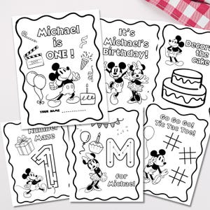 May include: Black and white printable coloring pages featuring Mickey Mouse and Minnie Mouse. Designs include birthday themes, mazes, and tic-tac-toe. Text includes "Michael is ONE!", "It's Michael's Birthday!", and "Go Go Go! Tic Tac Toe!"