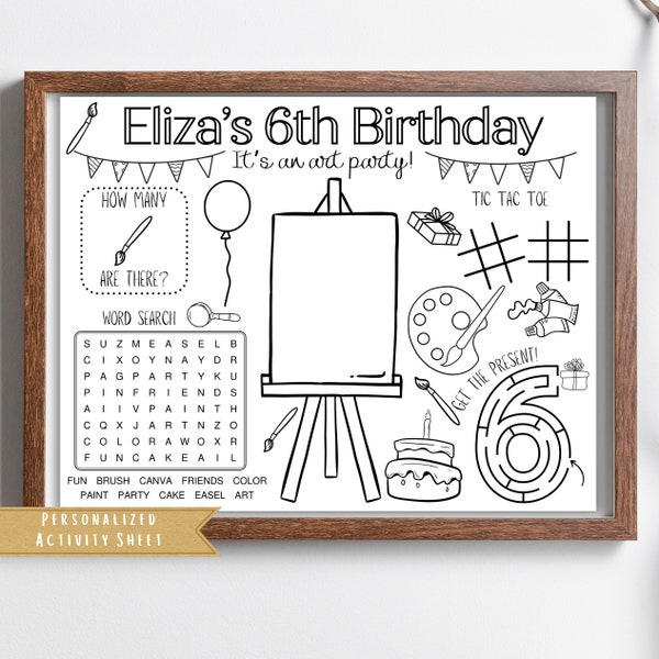 Art Party Favor | Art themed Birthday Activity Sheet |  Arts Craft Party Placemat | Art Birthday Party Coloring Sheet