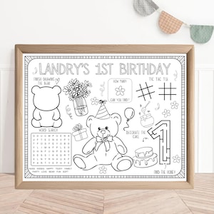 Cute Baby Little Bear Activity Sheet | Teddy Bear Party Placemat | Baby Bear Birthday Party | Kids Activity | Bear Coloring Sheet