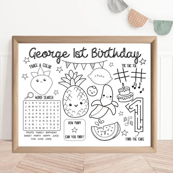 Mantel individual de cumpleaños con diseño de frutas danzantes / Actividad para colorear para niños (Descarga digital)