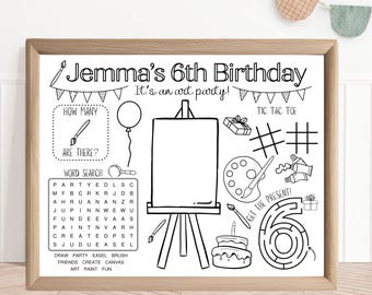 May include: A black and white printable birthday party activity sheet for a 6-year-old. The sheet features an easel, paintbrushes, paint tubes, a paint palette, a birthday cake, a maze, a tic-tac-toe game, a word search, and a "how many" game. The text on the sheet reads "Jemma's 6th Birthday, It's an art party!"
