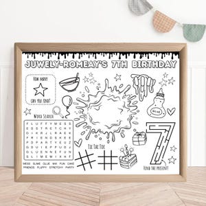 May include: Black and white printable activity sheet for a 7th birthday party. The sheet features a word search, tic-tac-toe game, a maze, and a "how many" counting game. The sheet is decorated with stars, a birthday cake, a bowl of slime, and a bottle of glue.