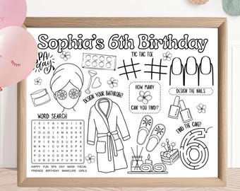 Spa Party Activity Sheet | Pamper Birthday Party Favor | Girls Birthday Party | Kids Activity | Gaming Coloring Sheet | Spa Placemat