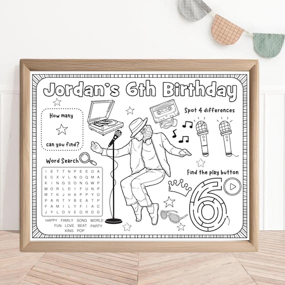 Pop Song King Birthday Placemat | 80s 90s Coloring Activity (Digital Download)