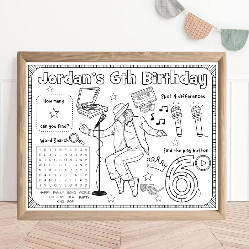 Puede incluir: Una hoja de actividades en blanco y negro enmarcada con el texto "Jordan's 6th Birthday". La hoja incluye una b&uacute;squeda de palabras, un laberinto y otras actividades con temas musicales. La imagen incluye un dibujo de una persona cantando en un micr&oacute;fono.