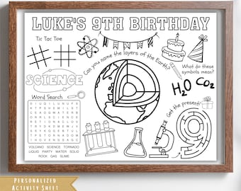 Mantel individual personalizado de ciencia para cumpleaños / Actividad para fiestas infantiles (PDF)