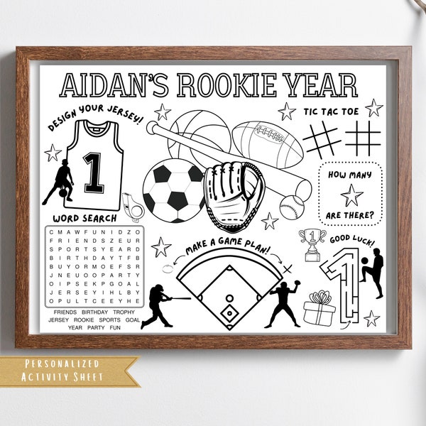 Rookie Year Party Activity | Sports Theme Birthday Party Favor | Sports Activty Placemat | Sports Coloring | Kids Activity | Personalized