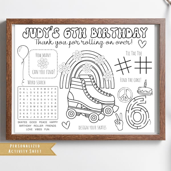 Personalized Roller Skate Party Placemat | Roller Blading Party | Groovy Vibes Birthday Activity | Table Mat Coloring Party Favor