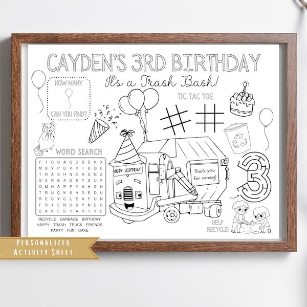 Party Favor | Garbage Truck Birthday Theme Activity Sheet | Party Placemat | Birthday Truck Birthday Party | Kids Activity | Coloring Sheet